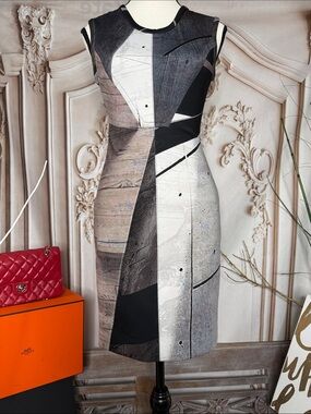 YIGAL AZROUEL- Abstract Geometric Dress in Black, Gray and White